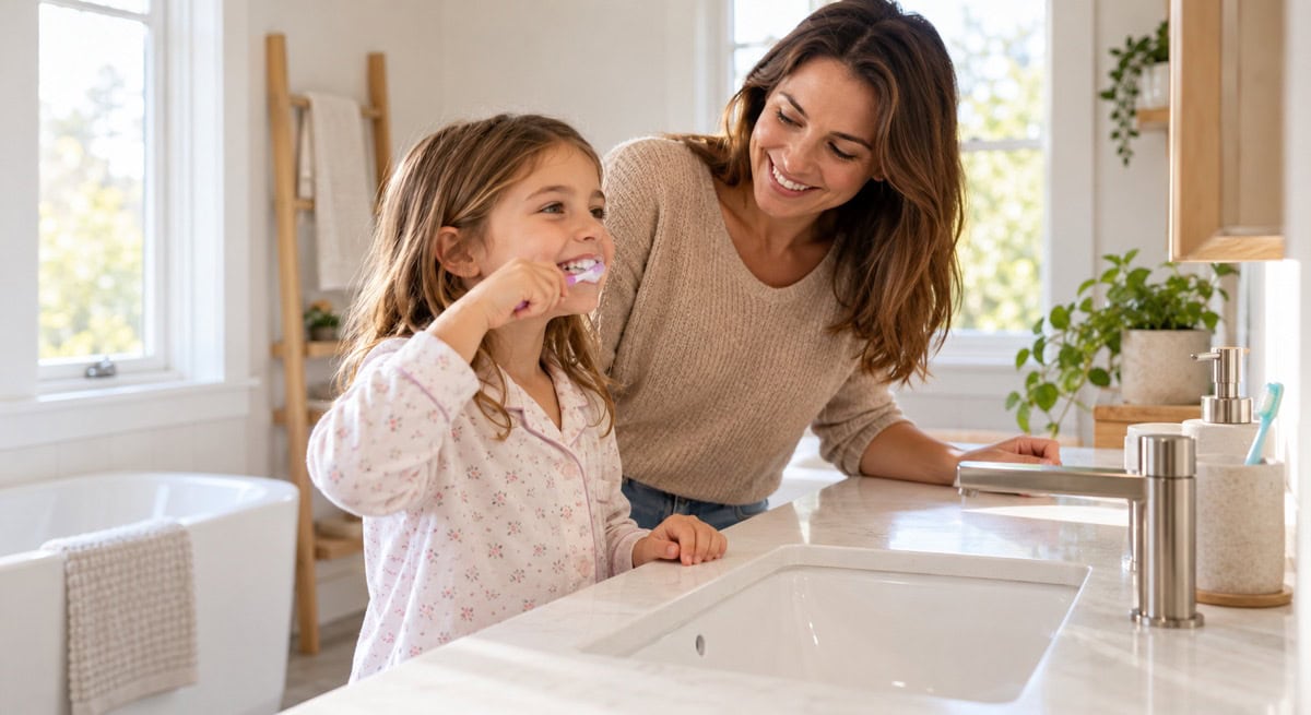 Child brushing teeth with a parent in a bright bathroom