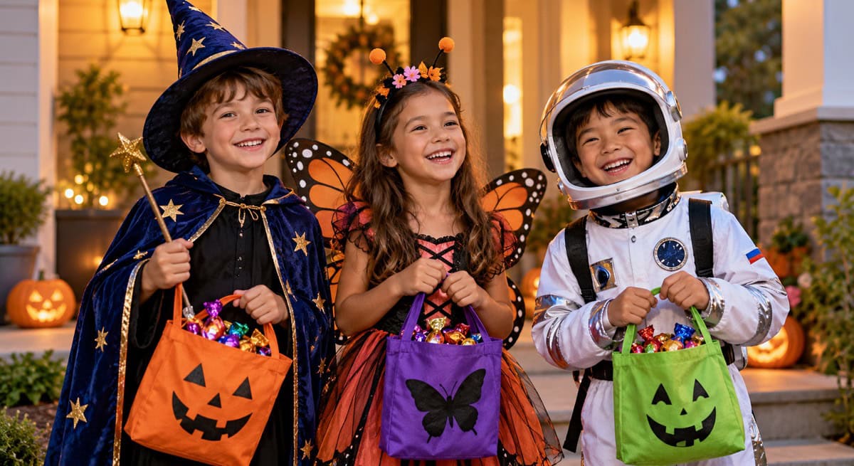 Children in Halloween costumes holding bags of lollies