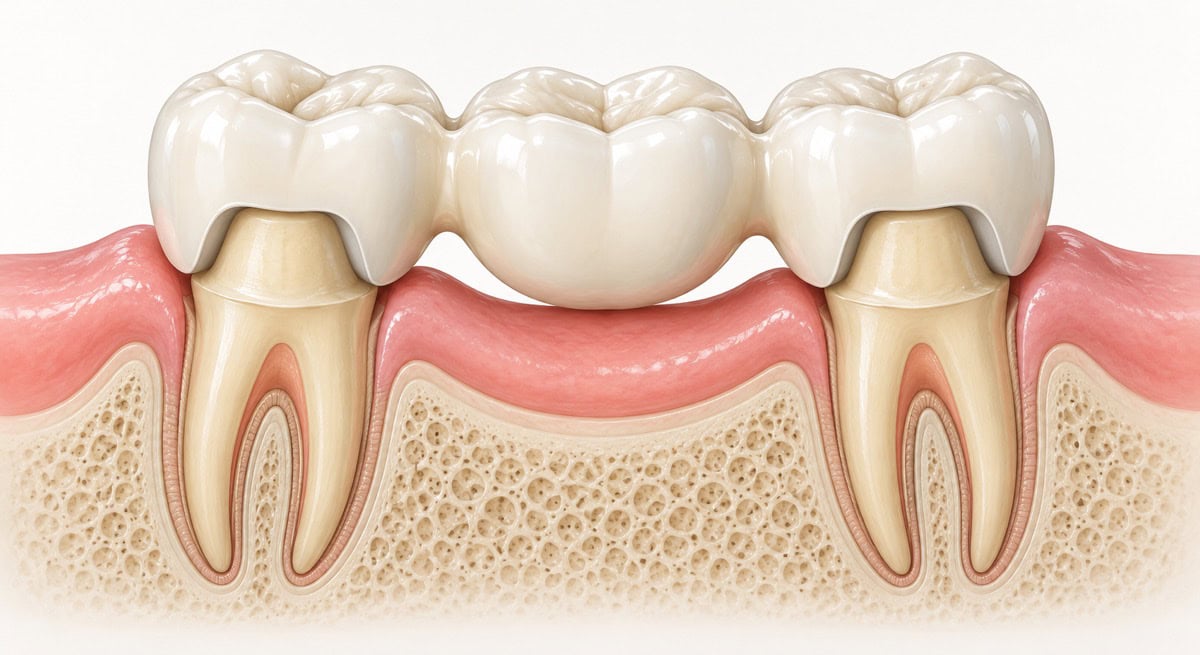 Diagram of a dental bridge supported by crowns