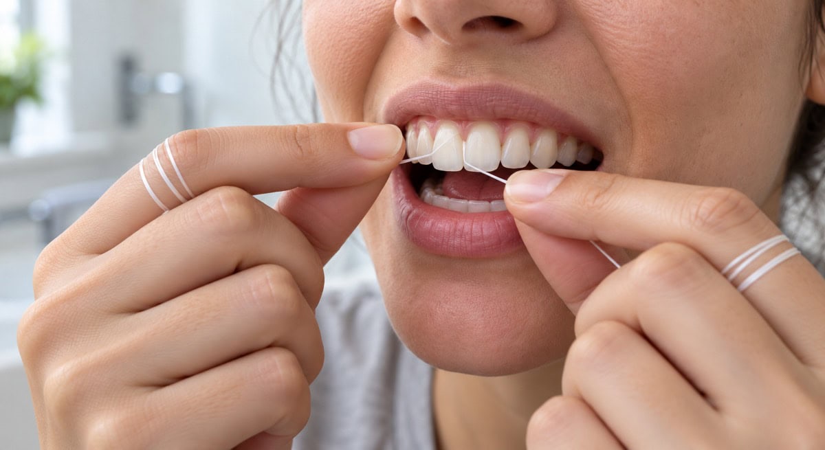 Close-up of hands flossing teeth correctly
