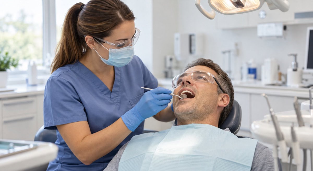 Dental hygienist performing a check-up in the clinic
