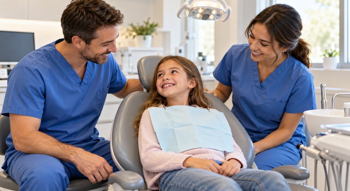 Smiling child in the dental chair with the dental team