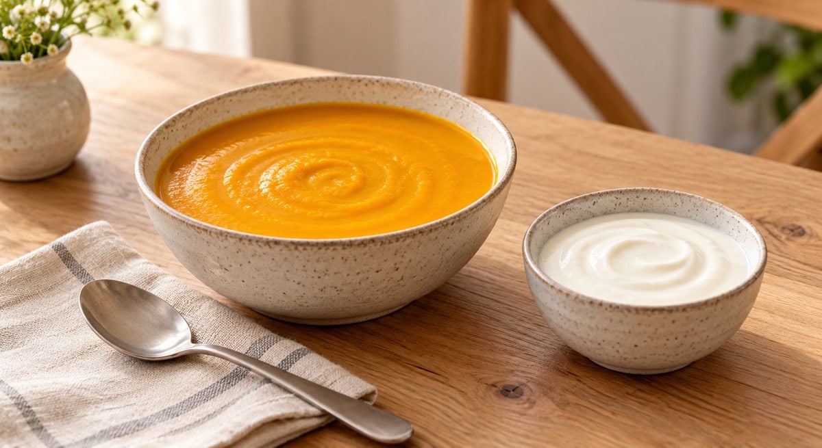 Soft foods, a bowl of soup and a bowl of yoghurt, on a wooden table