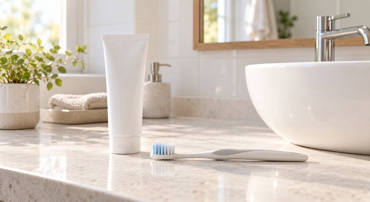 Toothbrush and toothpaste in a bright bathroom