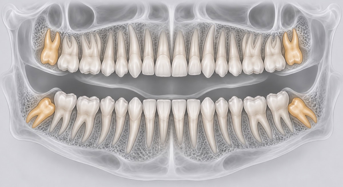Panoramic dental illustration showing the wisdom teeth