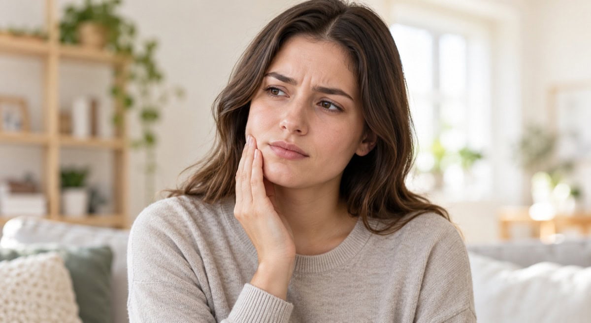 Young adult with a hand on their jaw showing mild discomfort